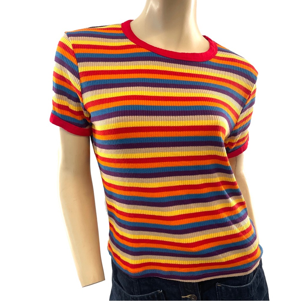 Gaze- Vibrant Multi Color Rainbow Striped Short Sleeve Tee- L